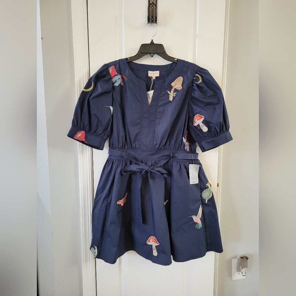 NWT CIEBON Barona Nature Embroidered Fit & Flare Cotton Dress Navy Blue Size XL - Picture 4 of 16